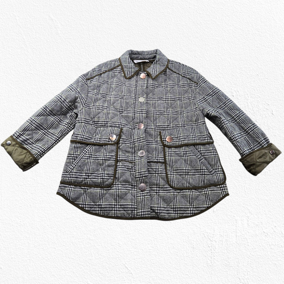 Zara Olive Plaid Quilted Equestrian Riding Jacket with Snap Pockets Size Small - Picture 2 of 13